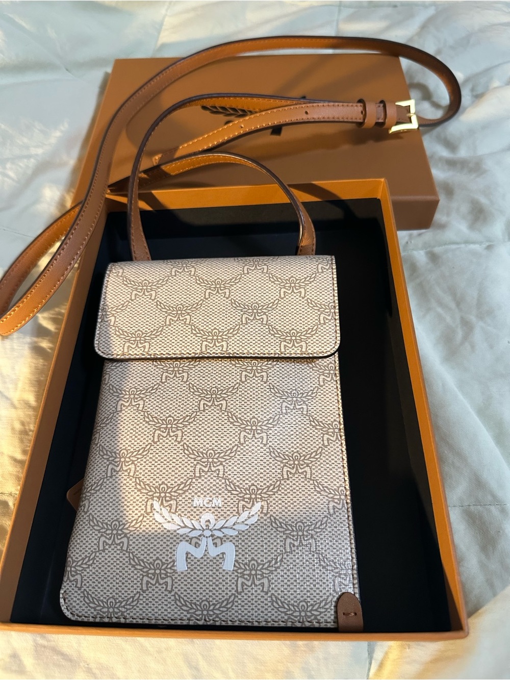 MCM Beige Monogram Crossbody Phone Pouch with Tan Strap